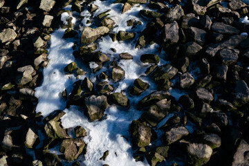 Rocks and snow along a river bank