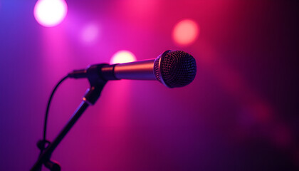 Obraz premium Close-up of a microphone on a stand with colorful stage lights in the background 