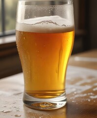 Close-up of beer glass with condensation drops, on paper border, wet, tabletop