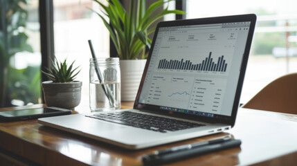 Laptop with Financial Graphs on Desk with Plants and Glass of Water