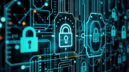 Digital security concept with padlocks and circuit patterns