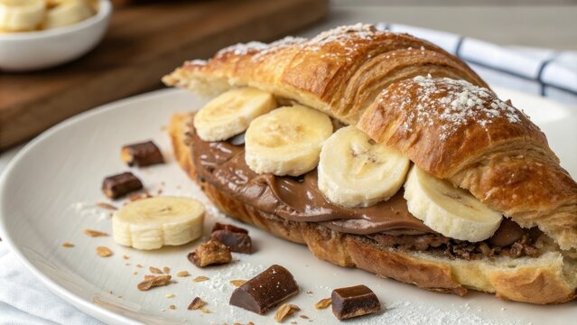 Close-up shot of a flaky croissant pastry filled with creamy chocolate and topped with sliced bananas, chocolate, golden brown, close-up, bananas