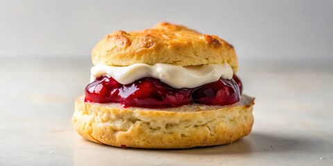 A delightful baked scone with creamy topping and fruit preserves, perfect for a sweet afternoon treat.