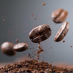 Roasted coffee beans falling, studio shot, ground coffee, advertising