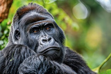 Obraz premium A calm looking gorilla (Gorilla) sits relaxed in the jungle with a green leafy background, AI generated, AI generated
