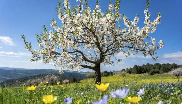 KI generated, A single almond tree in bloom in Majorca, Balearic Islands, Spain, Europe