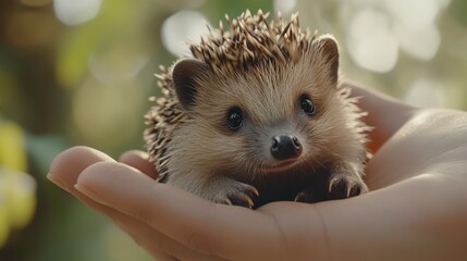 Adorable Hedgehog Nestled in a Gentle Human Hand Surrounded by Nature