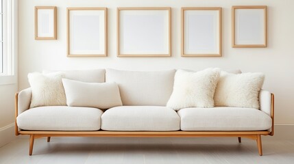 A cozy living room in soft gray and beige tones, featuring a boucle upholstered sofa with a plush fur throw. The walls feature empty picture frames