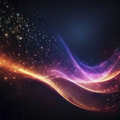Obraz premium Curved lines of colorful light resembling a wave of stars in a dark background, portraying a futuristic and energetic feel, AI generated