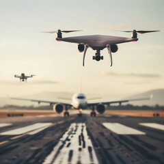 Two drones fly in front of an aeroplane during a sunny evening flight on a runway, drone, attack, AI generated