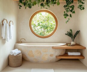 A tranquil eco bathroom featuring a round wooden framed window, a freestanding stone bathtub, and a teakwood bench. A small woven basket holds rolled towels