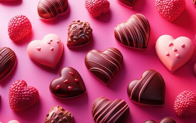 Obraz premium n assortment of colorful heart-shaped candies and chocolates, artistically arranged on a raspberry-to-strawberry gradient background. Valentines Day and 8 March theme
