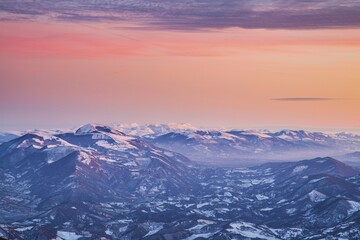 Winter sunset on Mount Nerone, Monte Nerone in the Apennines, Marche, Italy, Europe