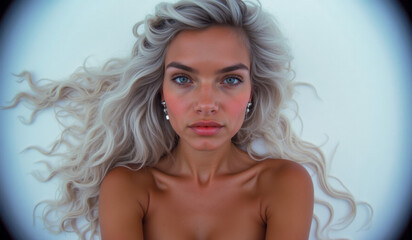 Fototapeta premium a woman with blonde hair and blue eyes posing for the camera with her hands on her hips