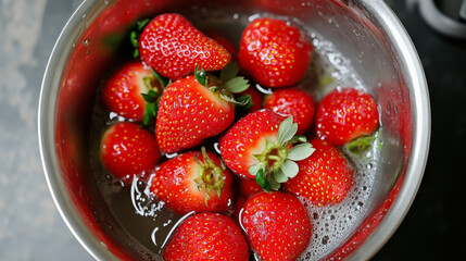 Freshly washed strawberries in a colander ready for preparation in the kitchen