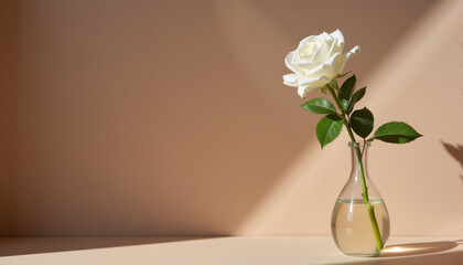 White rose in glass vase against minimalist beige background, Valentine's Day Charity