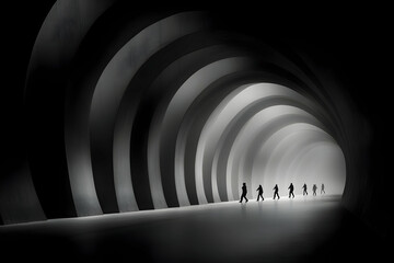 Obraz premium Silhouetted figures walk through a light tunnel