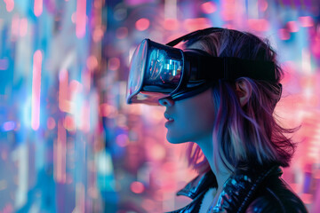 Futuristic Experience with vr goggles in Modern Art Gallery Museum, Generative AI