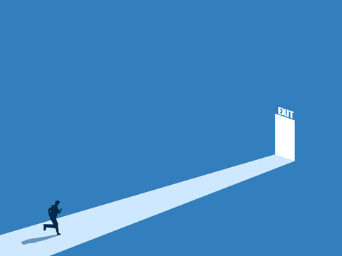 getting out of the situation and finding a new way, Businessman running to the exit door