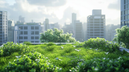 Fototapeta premium Lush green rooftop garden with grass and plants overlooking modern cityscape