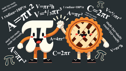Pi Pie Duo, Two friendly characters one shaped like the π symbol and the other as a classic pie with lattice crust. They are high fiving in celebration