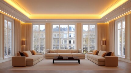 Fototapeta premium A bright, airy apartment with motion-sensor smart lighting in every room.