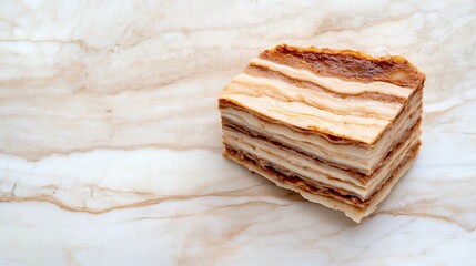 Delicate Layered Pastry with Caramel Glaze on Marble Surface