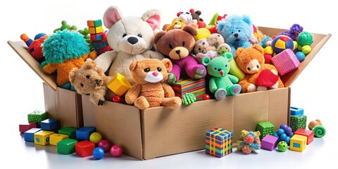 Obraz premium A charity donation box filled to the brim with a colorful array of toys including stuffed animals, blocks and puzzles, all jumbled together in a joyful mess, donations, toys