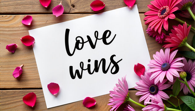 Love wins sign with pink flowers and petals on wooden background, Valentine's Day Charity - Powered by Adobe