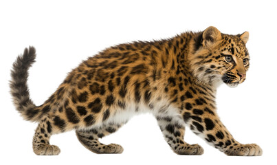 Obraz premium Alert Amur Leopard Walking on White Background
