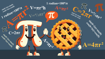 Pi Pie Duo, Two friendly characters one shaped like the π symbol and the other as a classic pie with lattice crust. They are high fiving in celebration