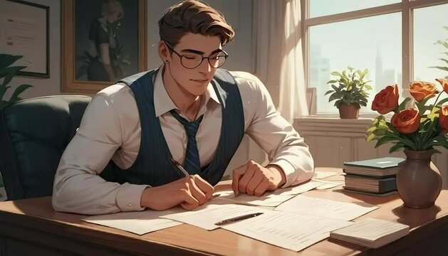 An attractive French male is in a neatly decorated office.