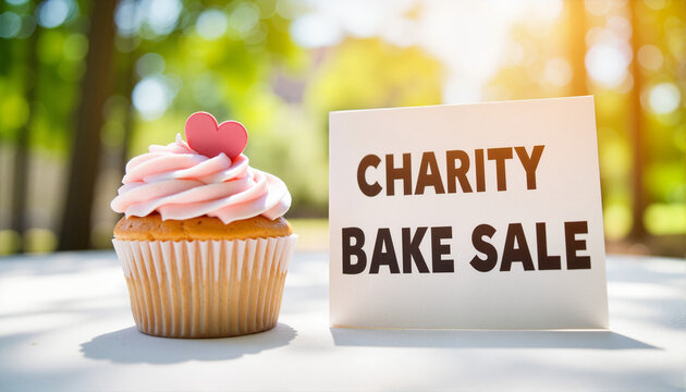 Cupcake with heart decoration at charity bake sale, Valentine's Day Charity - Powered by Adobe