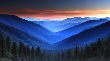 Obraz premium Serene twilight landscape showcasing layered mountains and tranquil valleys under a colorful sky