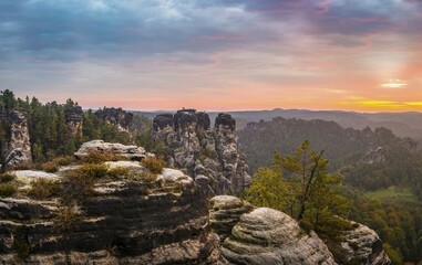 Schrammsteine around the Bastei at sunrise, Elbe Sandstone Mountains, Rathen, National Park Saxon...