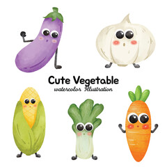 Watercolor Cute Vegetable Clipart - Cartoon Eggplant, Garlic, Corn, and Carrot Illustration
