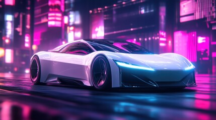 Fototapeta premium Futuristic Nightscape: Cyberpunk Sports Car in Neon City