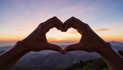 Hands forming a heart at sunset against mountain backdrop, Heart hands with mountains in background