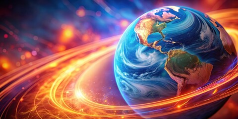 Close-up of a stylized, glowing blue planet Earth with vibrant orange and pink swirls in the background , planet