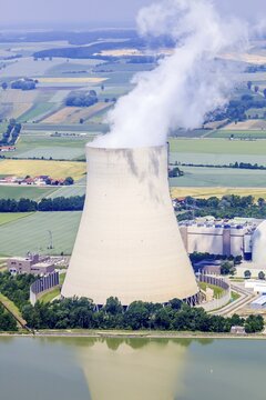 Aerial view, EON nuclear power plants Isar I and Isar II with reactor buildings and cooling tower on the Isar River, Essenbach, Bavaria, Germany, Europe