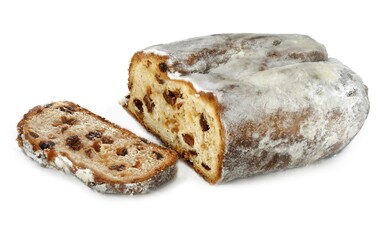 Christmas stollen, sweet cake, partly sliced, slice