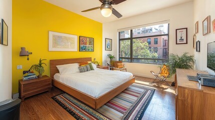 A bright bedroom with lime walls, sustainable wooden furniture, and neutral decor.