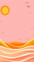Pink desert sunset, birds fly, minimalist