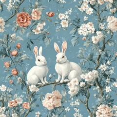 Obraz premium Whimsical floral rabbits enchanted garden artwork pastel background close-up nature's charm