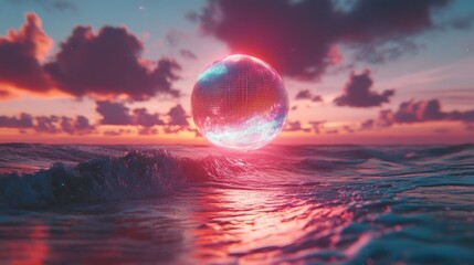 Digital Sphere Sunset Ocean: A futuristic seascape at sunset with a glowing digital sphere above the waves.