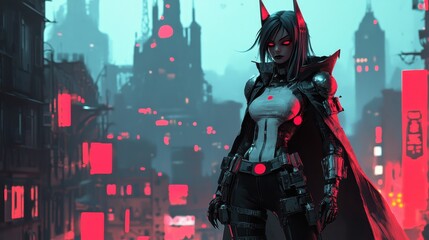Cyber Gothic Figure in Metallic Outfit with Background Cityscape