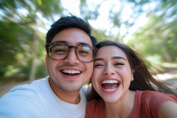 Obraz premium Joyful couple enjoying a sunny day outdoors in a park while capturing a fun moment together