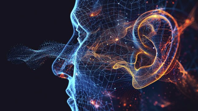Side profile of a human face in digital form with a blue and orange mesh design, highlighting the ear and neural network, AI generated