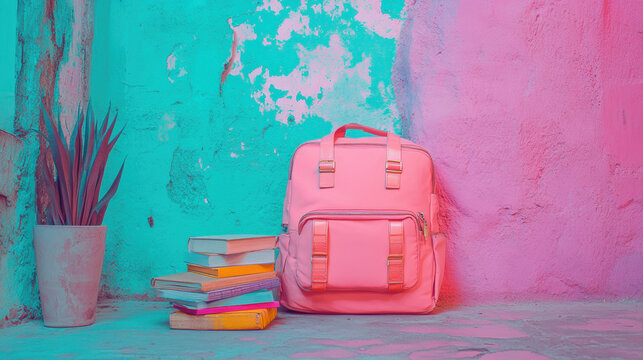 Educational Support and Poverty, A glowing pastel backpack filled with books and pencils, ideal for students and educational themes in high-quality imagery.