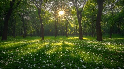 Obraz premium A secluded orchard filled with blooming trees under a clear blue sky